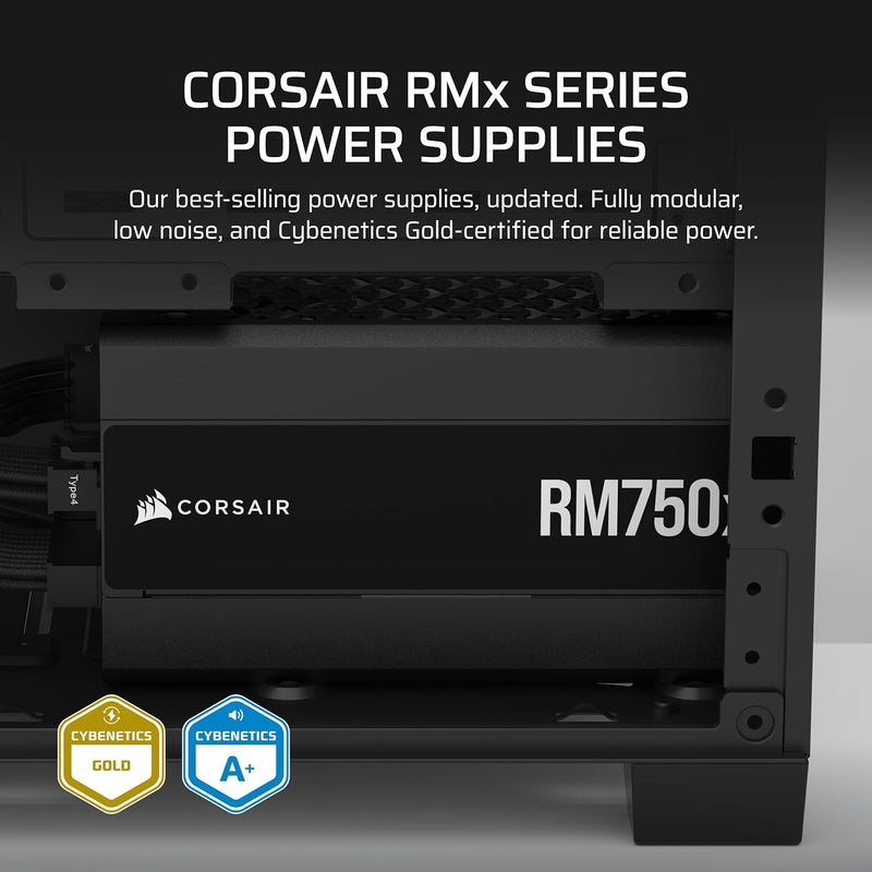 Load image into Gallery viewer, CORSAIR RM750x 750W Fully Modular Low-Noise ATX Power Supply – ATX 3.1 Compliant – PCIe 5.1 Support – Cybenetics Gold Efficiency – Native 12V-2x6 Connecto
