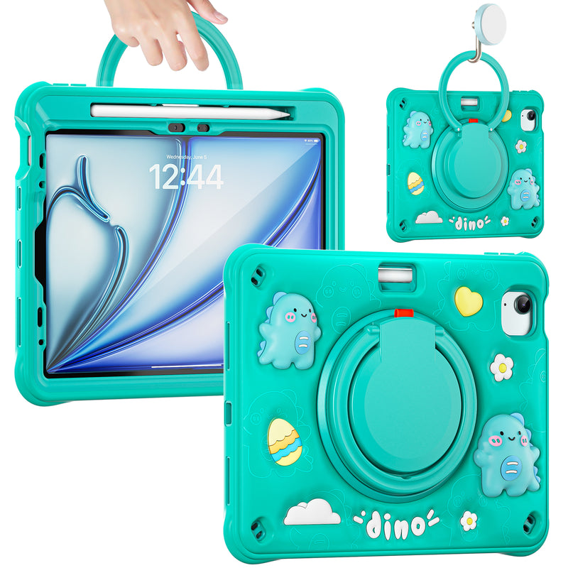 Load image into Gallery viewer, Apple iPad Air 6 11.0&quot; (2024) - Kid Friendly Green Cartoon Dragon Heavy Duty Stand Series Case With 360° Rotating Handle Grip
