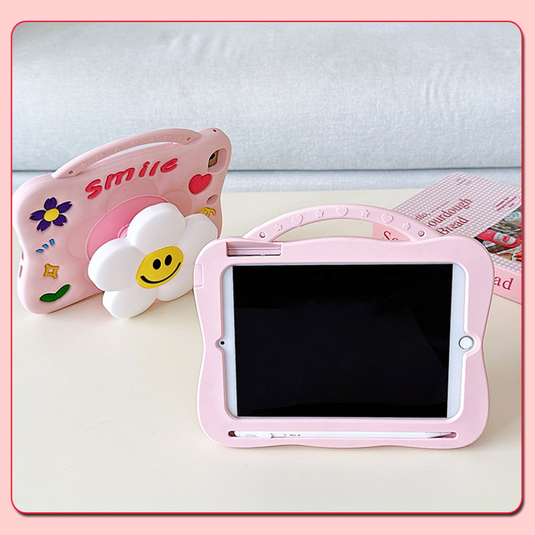 [With Pen Slot][Shoulder Strap] Apple iPad 5/6 9.7'' 5/6th Gen (2017/2018) Flower Silicone Full-Protection Shockproof Stand Case