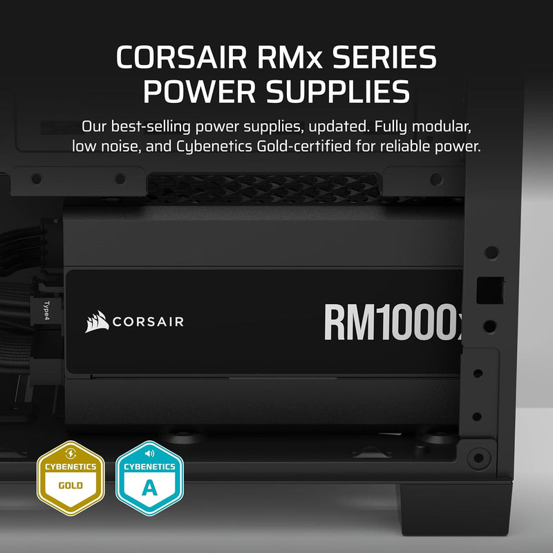 Load image into Gallery viewer, CORSAIR RM1000X 1000W Fully Modular Low-Noise ATX Power Supply – ATX 3.1 Compliant – PCIe 5.1 Support – Cybenetics Gold Efficiency – Native 12V-2x6 Connector – Black
