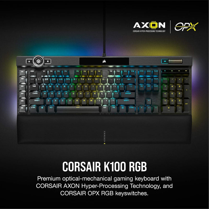 Load image into Gallery viewer, CORSAIR K100 RGB Optical-Mechanical Gaming Keyboard - Corsair OPX RGB Optical-Mechanical Keyswitches - AXON Hyper-Processing Technology for 4X Faster Throughput - 44-Zone RGB LightEdge
