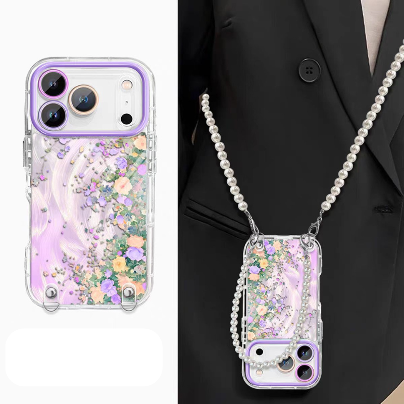 [With Pearl Lanyard] Apple iPhone 15/Plus/Pro/Pro Max - Floral Airbag Shockproof Protective Case - i-Station Mobile Phone & Electronic Device Repair and Accessories