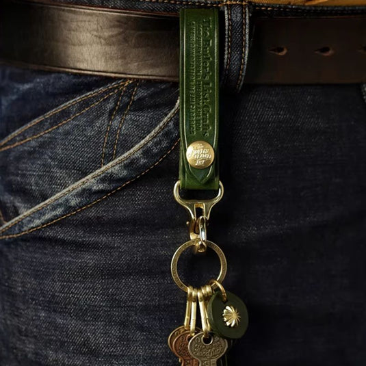 Vintage Brass Leather Car Keychain – Retro Solid Brass Key Ring for Everyday Carry
