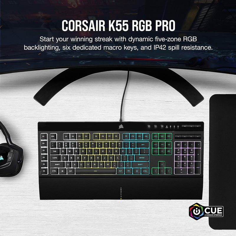 Load image into Gallery viewer, Corsair K55 RGB PRO Wired Membrane Gaming Keyboard (Dynamic Per-Key RGB Backlighting, 6 Macro Keys w/Elgato Software Integration, IP42 Dust and Spill-Resistant, Detachable Palm Rest) QWERTY, Black
