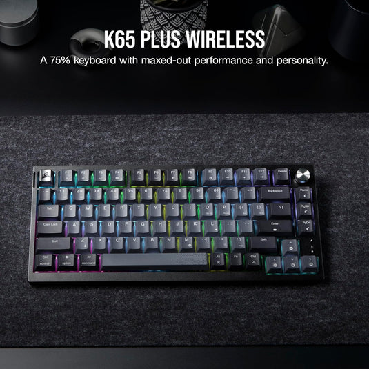 CORSAIR K65 PLUS WIRELESS 75% RGB Hot-Swappable Mechanical Gaming Keyboard – Pre-Lubricated CORSAIR MLX Red Linear Switches – Top Mounted – Dual-Layer Sound Dampening – PBT Keycaps – QWERTY NA– Black