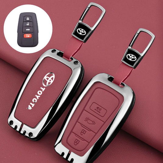 Toyota Full Metal Coverage + PU Leather Car Key Fob Case Cover For Camry, Corolla, RAV4, Highlander, C-HR, Prius, Avalon