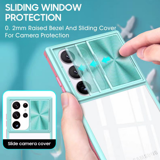 [With Slide Len Cover] Samsung Galaxy S24 SM-S921/Plus SM-S926/Ultra SM-S928 Transparent Shockproof Phone Essentials Series Case