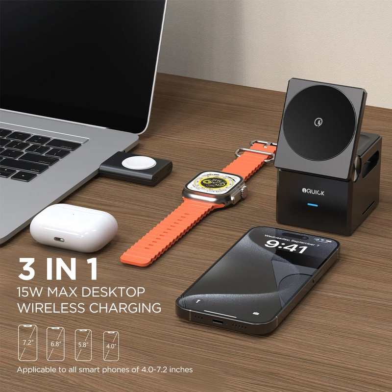 Load image into Gallery viewer, iQuick CUBE T1 3 in 1 Foldable Wireless Charger Stand Galaxy/ Apple Watch Pads
