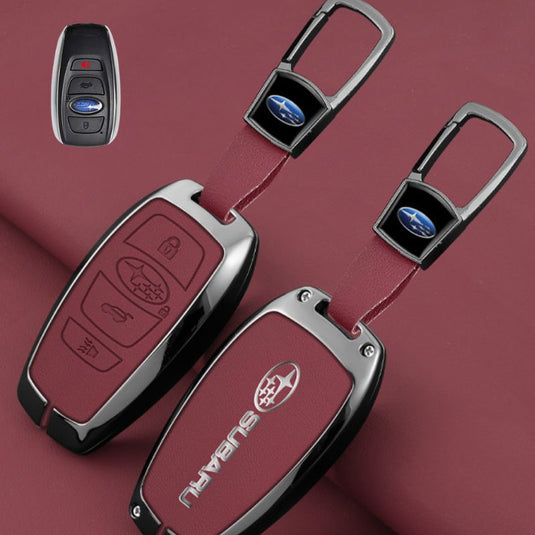 Subaru Full Metal  Coverage + PU Leather Car Key Fob Case Cover For Outback, Forester, Impreza, WRX, XV, Crosstrek, Legacy