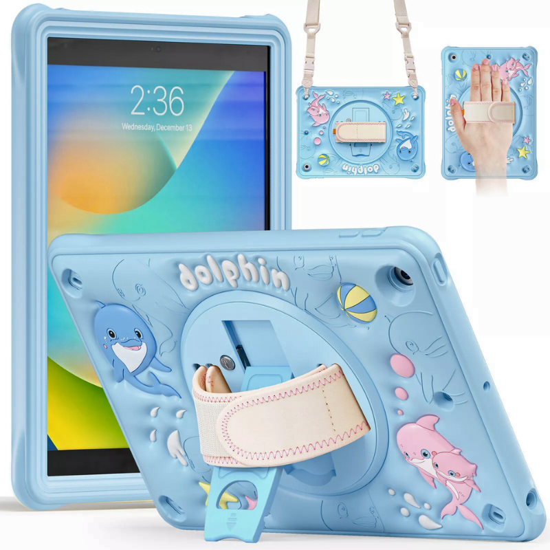 Load image into Gallery viewer, Apple iPad 7/8/9 10.2&quot; 7/8/9th Gen (2019/2020/2021) 3D Cartoon Silicone Rugged 360°Rotating Hand Strap Stand Case
