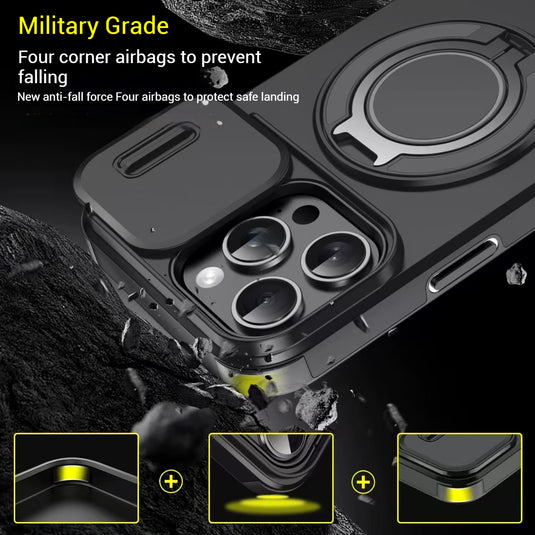 [With Slide Lens Cover][Magsafe Compatible] Apple iPhone 11/Pro/Pro Max Military-Grade Shockproof Protective Stand Series Case