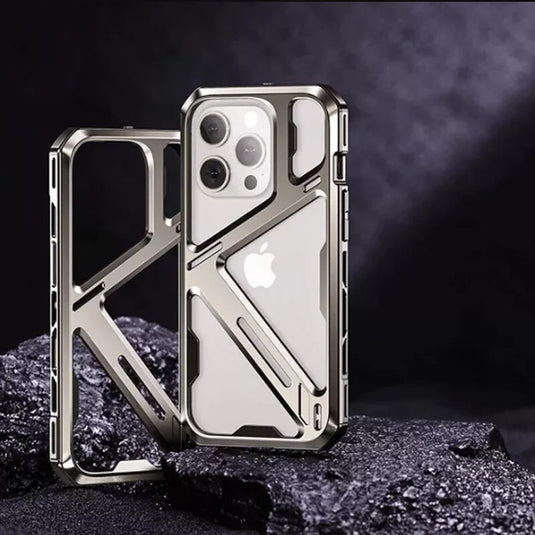 [With Lanyard Hole] Apple iPhone 15 / Pro / Pro Max Luxury Titanium Alloy Removable Armor Hollow Mechanics Series Case