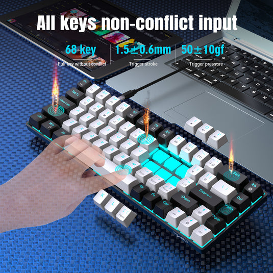 65% Compact Portable 68-Key Mechanical Wired Gaming Keyboard With Blue Switches Hot-Swappable Switches And Ergonomic Design Ice Blue Backlight