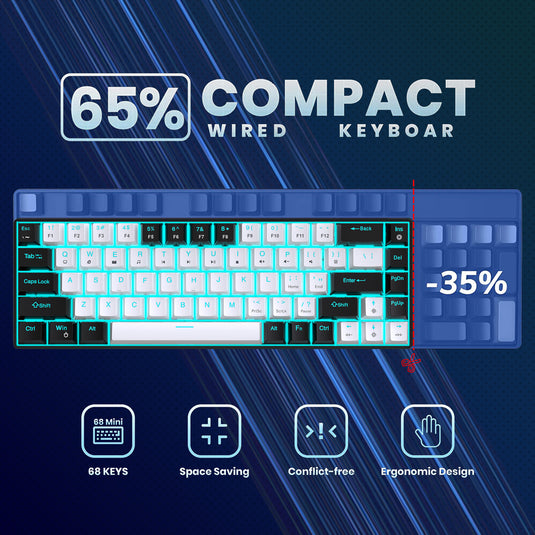 65% Compact Portable 68-Key Mechanical Wired Gaming Keyboard With Blue Switches Hot-Swappable Switches And Ergonomic Design Ice Blue Backlight