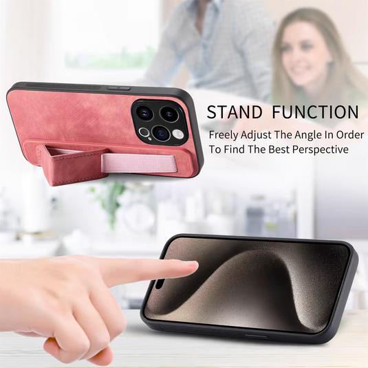 [With Wrist Wrap] Apple iPhone 15/Pro/Pro Max/Plus Leather TPU Frame Full-Protection Shockproof Essentials Series Case