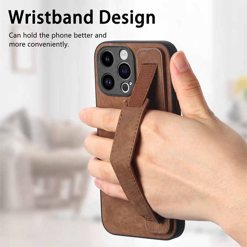 Load image into Gallery viewer, [With Wrist Wrap] Apple iPhone 15/Pro/Pro Max/Plus Leather TPU Frame Full-Protection Shockproof Essentials Series Case
