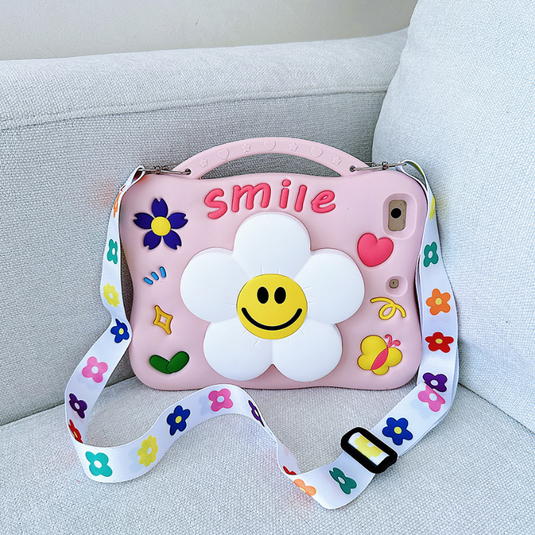 [With Pen Slot][Shoulder Strap] Apple iPad 5/6 9.7'' 5/6th Gen (2017/2018) Flower Silicone Full-Protection Shockproof Stand Case