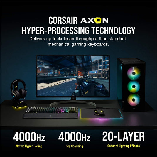 CORSAIR K100 RGB Optical-Mechanical Gaming Keyboard - Corsair OPX RGB Optical-Mechanical Keyswitches - AXON Hyper-Processing Technology for 4X Faster Throughput - 44-Zone RGB LightEdge