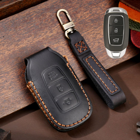 Hyundai Handcrafted Genuine Leather Car Key Protective Case For Santa Fe, Tucson, Palisade, Kona, Santa Fe, Azera