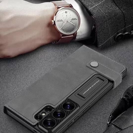 [With Card Slot] Samsung Galaxy S26 Ultra - Business Style Matte Leather Flip Magnetic Clasp Wallet Case