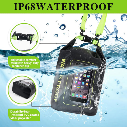 IP68 Waterproof Dry Bag 2L - Roll Top Waterproof Pool Bag,dry bags for kayaking waterproof-w/Phone Pouch,Large Waterproof Phone Pouch,Boating & Kayak Accessories camping