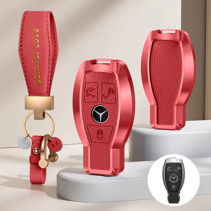 Load image into Gallery viewer, Mercedes Benz Aluminum Alloy Leather Car Key Fob Case Cover For Benz A, C, E, S, G-Class, GLA, GLB, GLC, GLE, GLS, CLA, CLS, EQC
