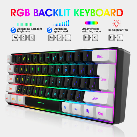 60% Gaming Keyboard and Mouse 61 Keys RGB Backlit Mini Membrane Keyboard With Black And White Color Block Design, Lightweight Honeycomb Optical, for PC MAC PS5 Xbox Gamer