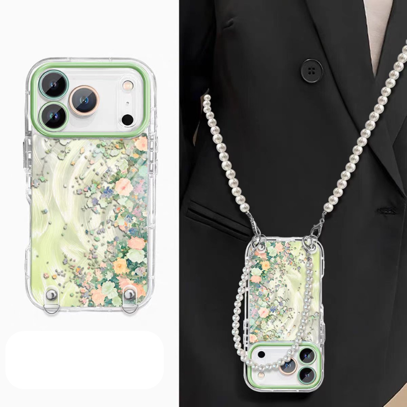 [With Pearl Lanyard] Apple iPhone 15/Plus/Pro/Pro Max - Floral Airbag Shockproof Protective Case - i-Station Mobile Phone & Electronic Device Repair and Accessories