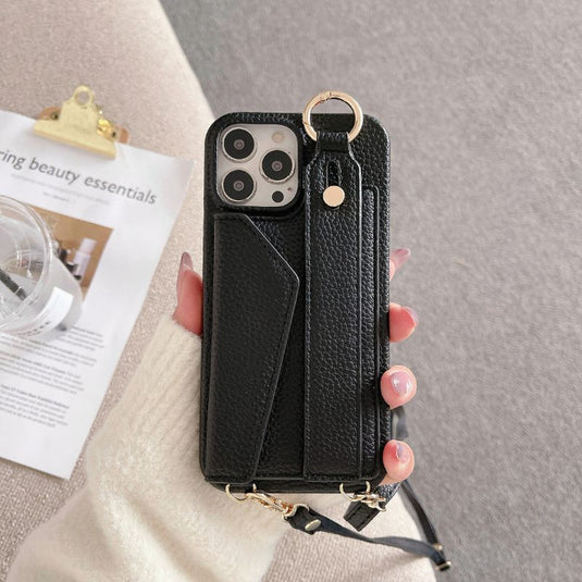 [With Card Slot] Apple iPhone 11/Pro/Max PC + PU Envelope Leather Wallet Case With Wrist & Shoulder Strap