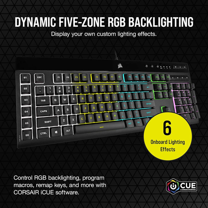 Load image into Gallery viewer, Corsair K55 RGB PRO Wired Membrane Gaming Keyboard (Dynamic Per-Key RGB Backlighting, 6 Macro Keys w/Elgato Software Integration, IP42 Dust and Spill-Resistant, Detachable Palm Rest) QWERTY, Black
