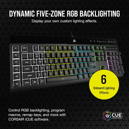 Corsair K55 RGB PRO Wired Membrane Gaming Keyboard (Dynamic Per-Key RGB Backlighting, 6 Macro Keys w/Elgato Software Integration, IP42 Dust and Spill-Resistant, Detachable Palm Rest) QWERTY, Black