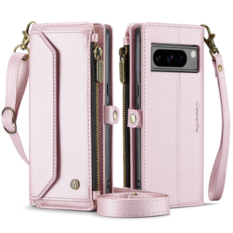 Load image into Gallery viewer, [Magsafe Compatible] Google Pixel 8/Pro - Zipper Style Crossbody PU Leather Wallet Series Stand Case With Lanyard
