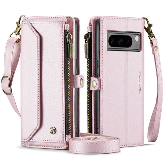 [Magsafe Compatible] Google Pixel 8/Pro - Zipper Style Crossbody PU Leather Wallet Series Stand Case With Lanyard