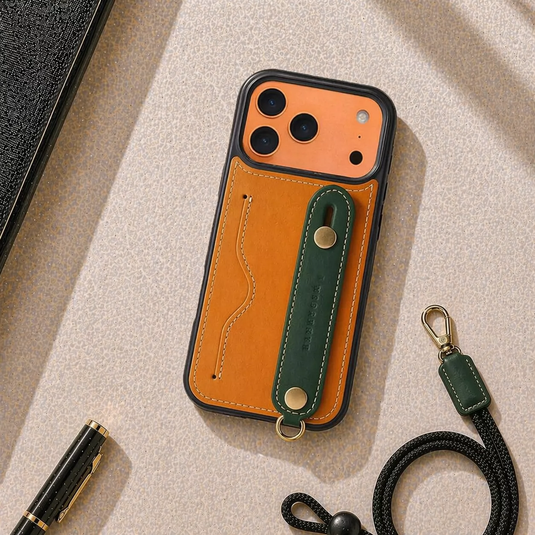 [With Card Slot] Apple iPhone 17 & 17e & Air & Pro & Pro Max - HANATORA Business Premium Genuine Leather Phone Case with Contrast Wrist Strap