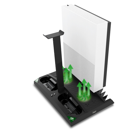[With Built-in Cooling Fan] Xbox One 6 in 1 Multi-function Vertical Charging Dock Base  for Xbox One Game Controller Charging Station with Headset Stand