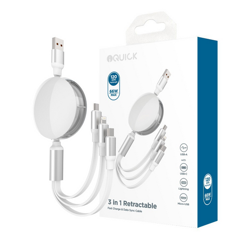 iQuick 3 in 1 Retractable Fast Charge & Data Sync Cable IQTC2301 1.2m - White