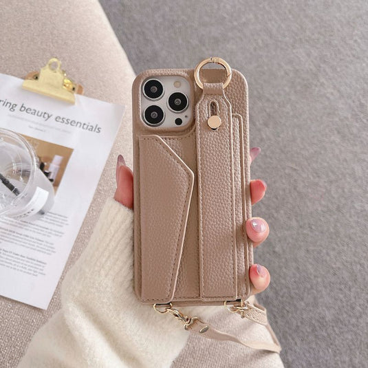 [With Card Slot] Apple iPhone 11/Pro/Max PC + PU Envelope Leather Wallet Case With Wrist & Shoulder Strap