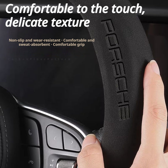 Porsche Carbon Fiber & Soft Suede Leather Luxury Grip & Anti-Slip Protection Steering Wheel Cover For Cayenne, Macan,  Panamera, 718, Taycan, 911