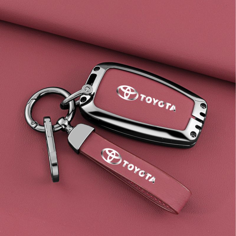Load image into Gallery viewer, Toyota Full Metal Coverage + PU Leather Car Key Fob Case Cover For Camry, Corolla, RAV4, Highlander, C-HR, Prius, Avalon
