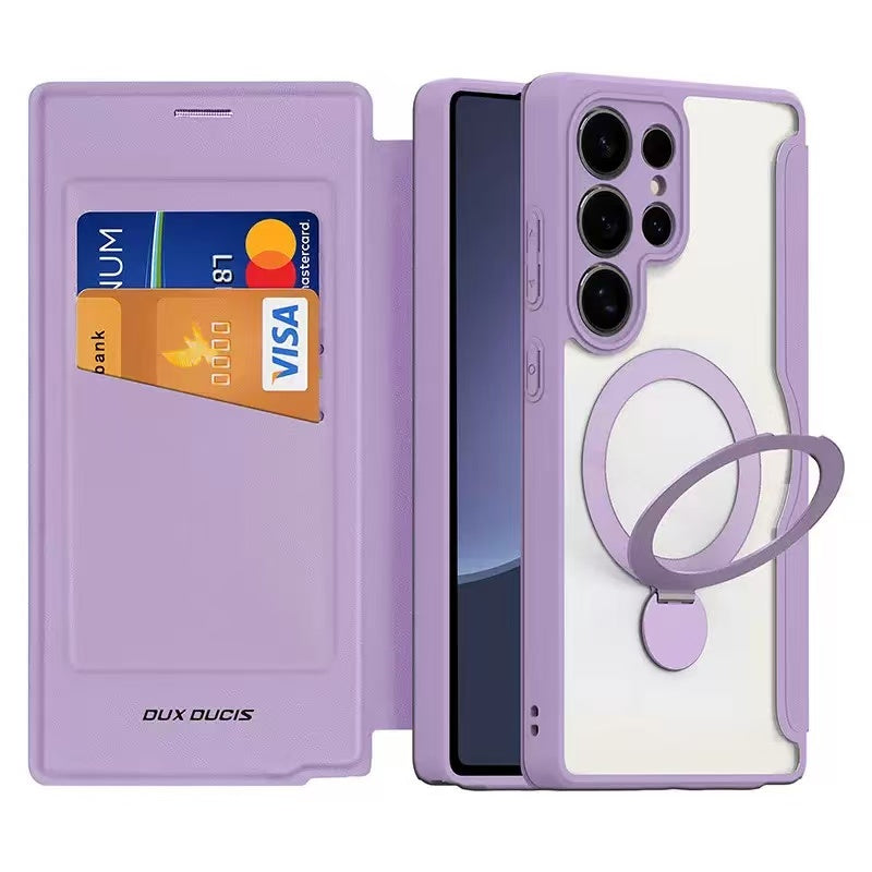 Load image into Gallery viewer, [With Card Slot][Magsafe Compatible] Samsung Galaxy S26/Plus/Ultra - Magnetic Rotating Kickstand Transparent Shockproof Flip PU Leather Wallet Series Case
