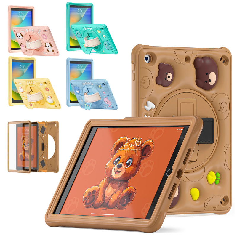 Load image into Gallery viewer, Apple iPad 7/8/9 10.2&quot; 7/8/9th Gen (2019/2020/2021) 3D Cartoon Silicone Rugged 360°Rotating Hand Strap Stand Case
