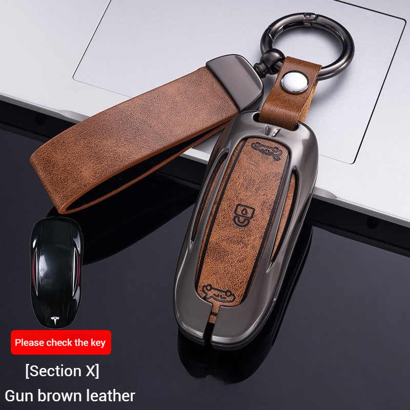 Load image into Gallery viewer, Tesla Metal + PU Leather Smart Car Key Fob Case for Model 3, S, Y, X

