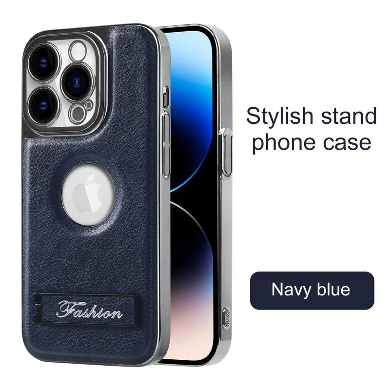 Load image into Gallery viewer, [Built-in Stand] Apple iPhone 15/Pro/Pro Max Electroplated Leather Full-protection Shockproof Stand Series Case
