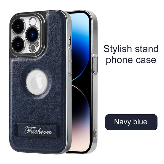 [Built-in Stand] Apple iPhone 15/Pro/Pro Max Electroplated Leather Full-protection Shockproof Stand Series Case