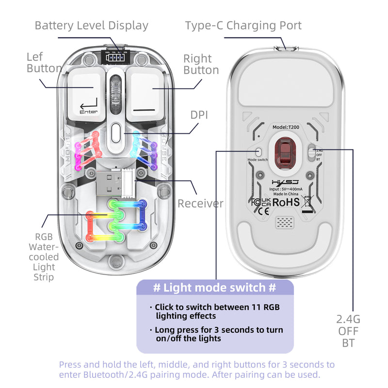 Load image into Gallery viewer, Wireless Dual-Mode RGB Bluetooth Lightweight Noise-Fre Mouse Ergonomic Universal Hots Clear Shell Gaming Mouse
