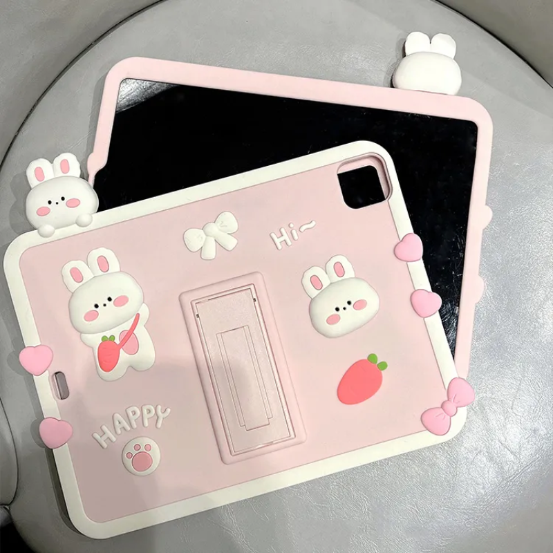 Load image into Gallery viewer, [Built-in Stand] Apple iPad Pro 11-inch 4th Gen (2022) 3D Cute Pink Rabbit Soft Silicone Case
