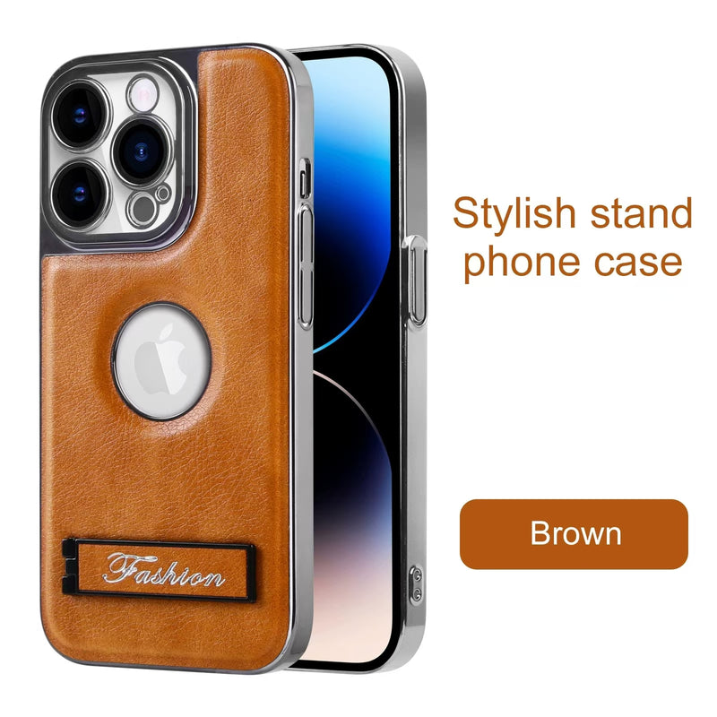 Load image into Gallery viewer, [Built-in Stand] Apple iPhone 15/Pro/Pro Max Electroplated Leather Full-protection Shockproof Stand Series Case
