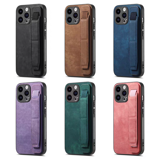 [With Wrist Wrap] Apple iPhone 15/Pro/Pro Max/Plus Leather TPU Frame Full-Protection Shockproof Essentials Series Case