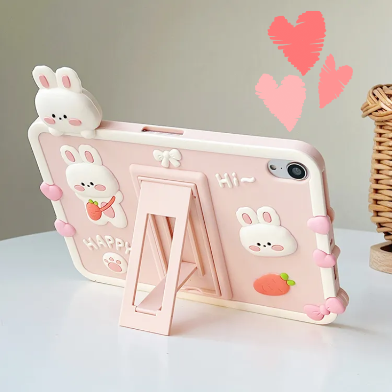 Load image into Gallery viewer, [Built-in Stand] Apple iPad Pro 11-inch 4th Gen (2022) 3D Cute Pink Rabbit Soft Silicone Case
