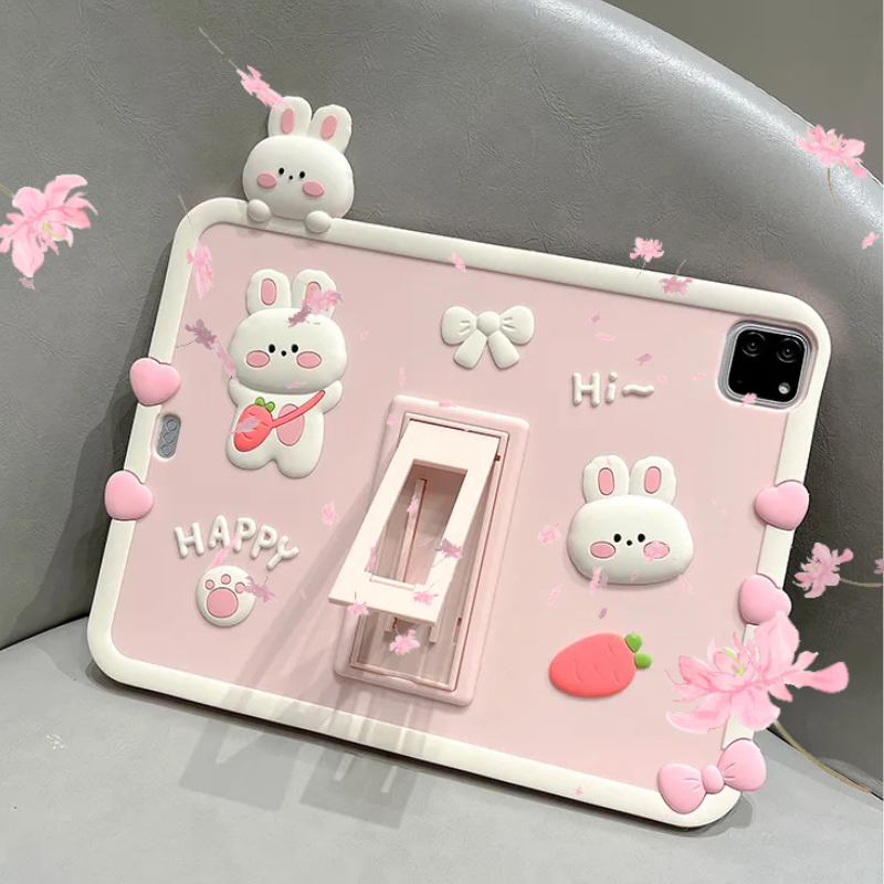 Load image into Gallery viewer, [Built-in Stand] Apple iPad Pro 11-inch 4th Gen (2022) 3D Cute Pink Rabbit Soft Silicone Case
